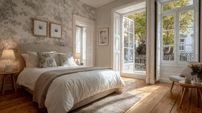 bedroom_large_bed_and_patterned_wallpaper_minimali