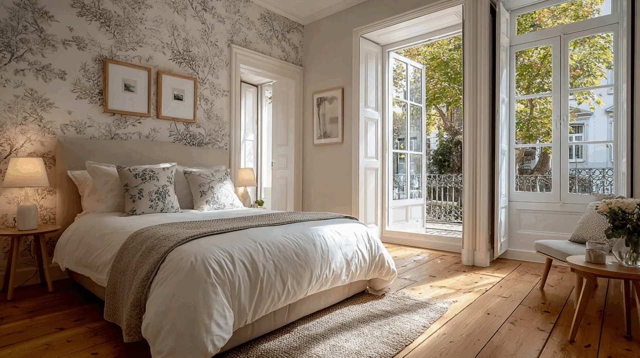 bedroom_large_bed_and_patterned_wallpaper_minimali
